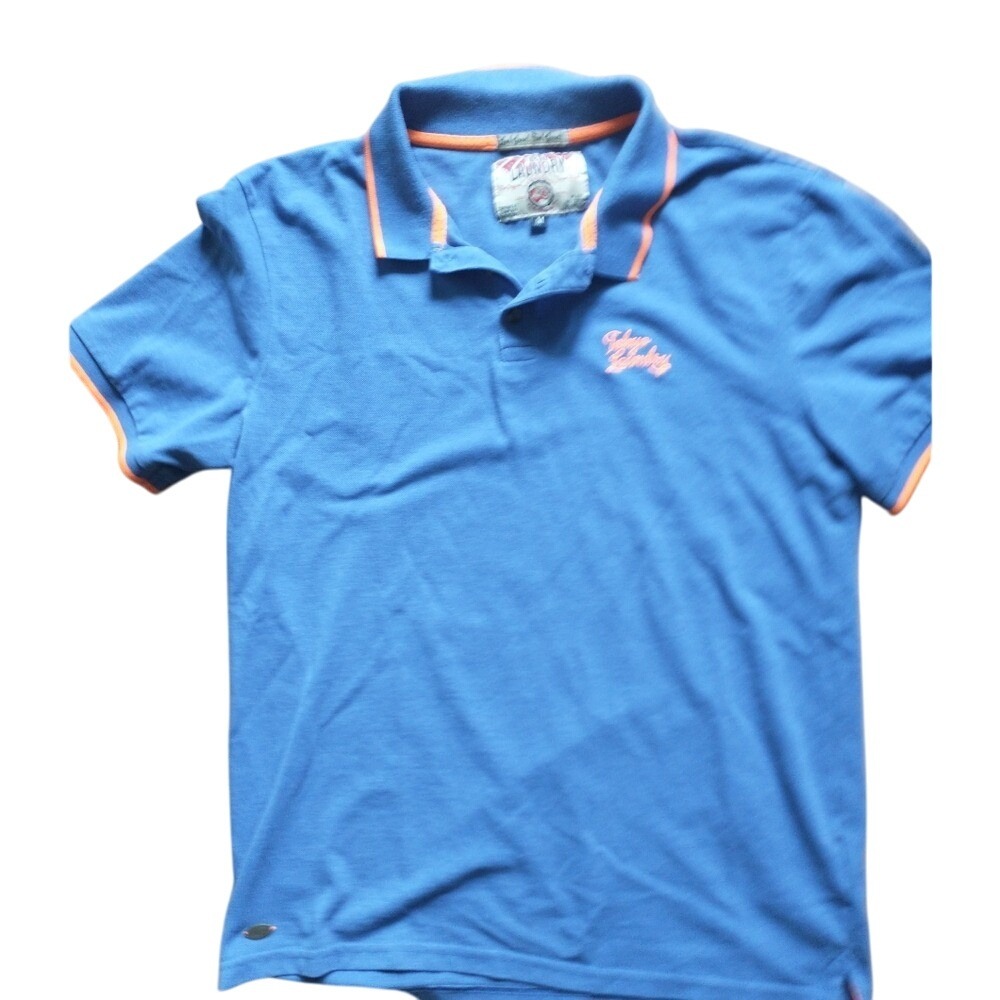 Tokyo Laundry Mens Blue Pique Polo Shirt Orange Trim Embroidered Logo Size M